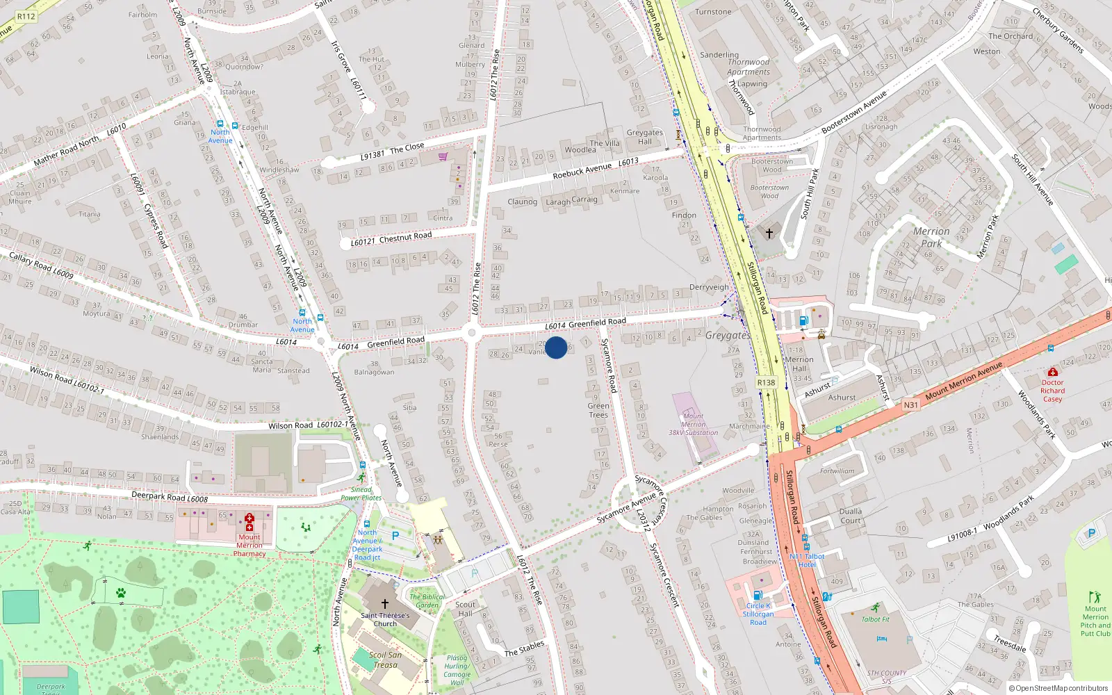 Overhead map showing the location of 18 Greenfield Road, Mount Merrion, Blackrock