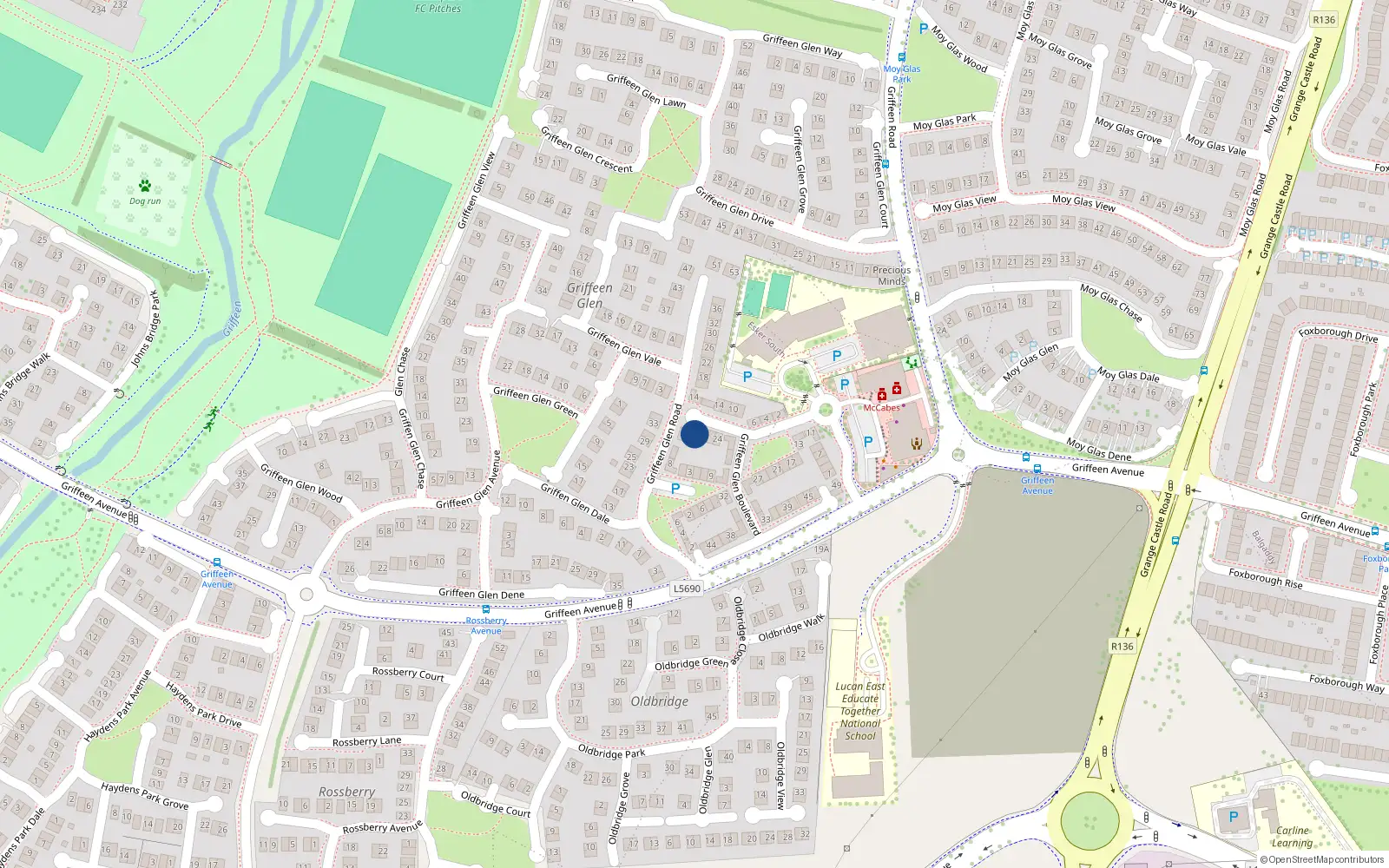 Overhead map showing the location of 18 Griffeen Glen Blvd, Lucan, Dublin