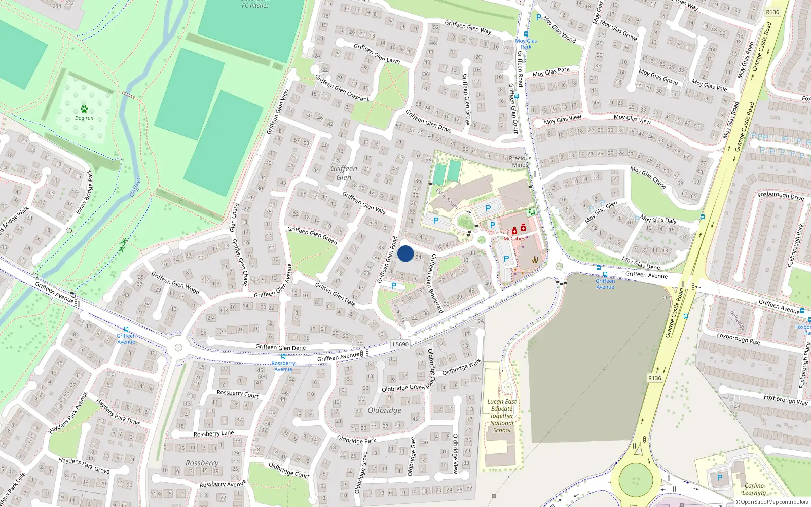 Overhead map showing the location of 18 Griffeen Glen Boulevard, Lucan