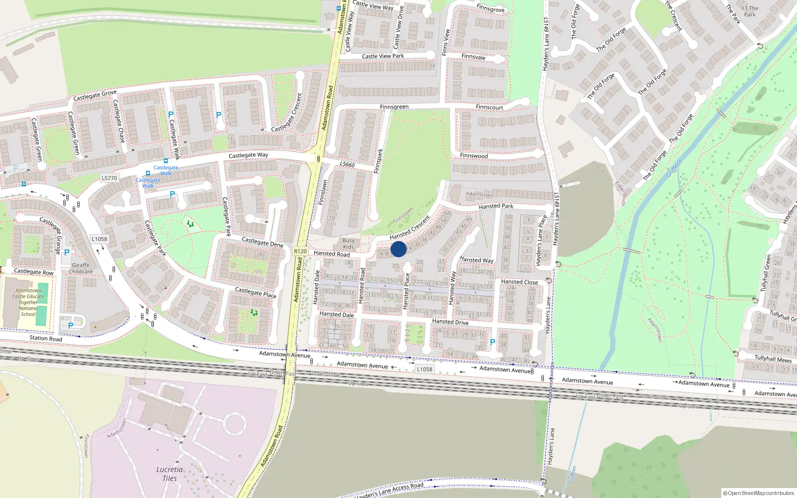 Overhead map showing the location of 18 Hansted Crescent, Lucan, Dublin