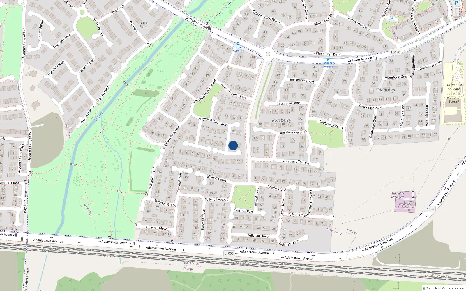 Overhead map showing the location of 18 Haydens Park Glade, Lucan, Dublin