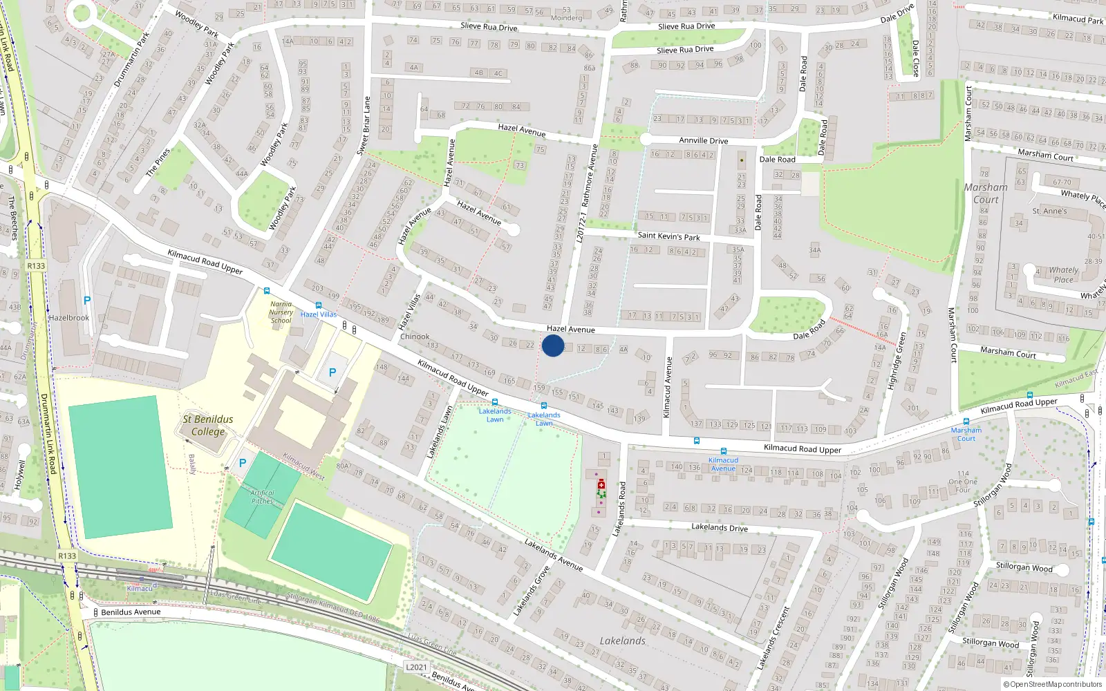 Overhead map showing the location of 18 Hazel Avenue, Stillorgan, Co. Dublin