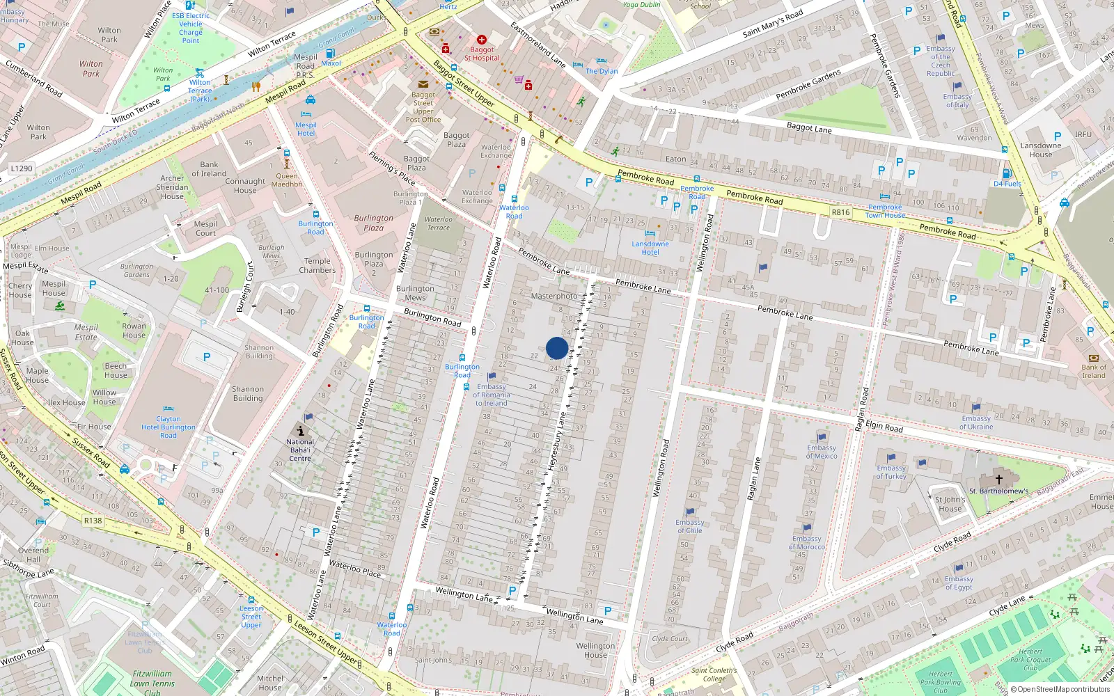Overhead map showing the location of 18 Heytesbury Lane, Dublin