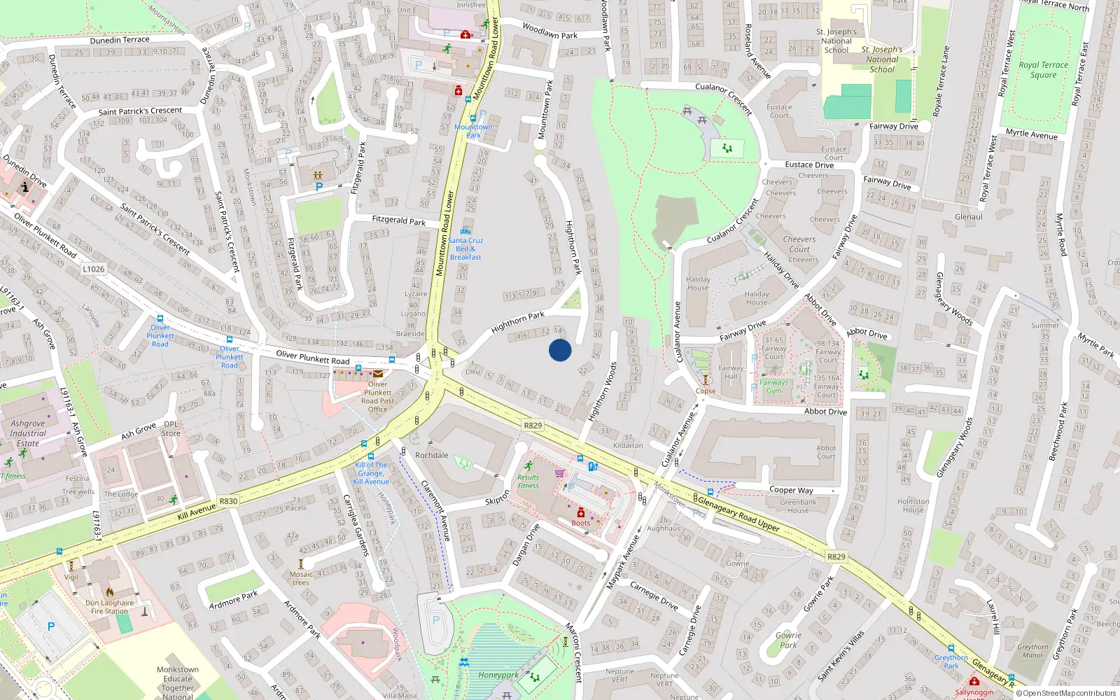Overhead map showing the location of 18 Highthorn Park, Dun Laoghaire, Dublin