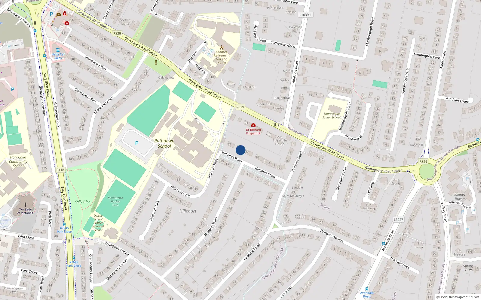 Overhead map showing the location of 18 Hillcourt Road, Glenageary, Dublin