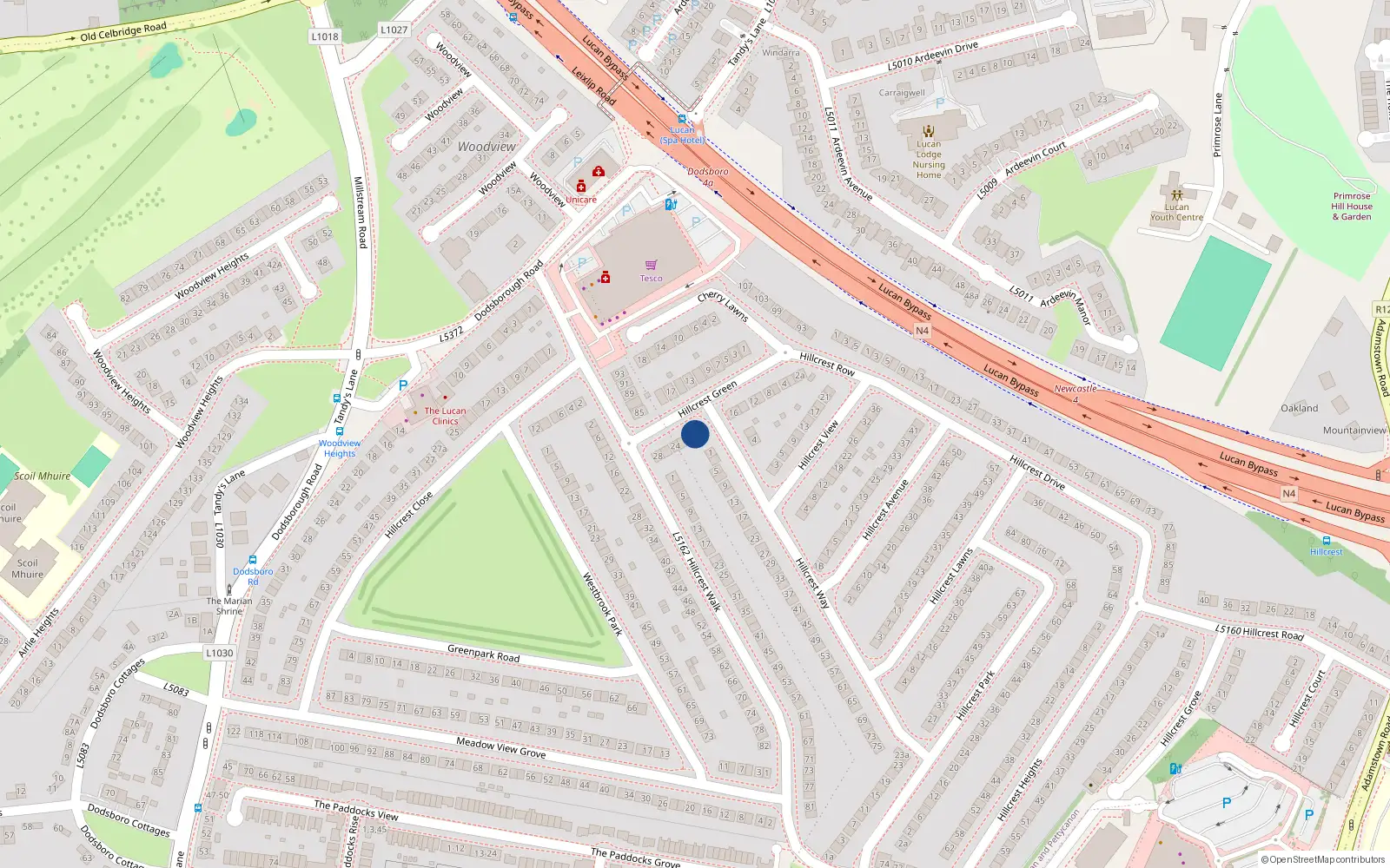 Overhead map showing the location of 18 Hillcrest Green, Lucan