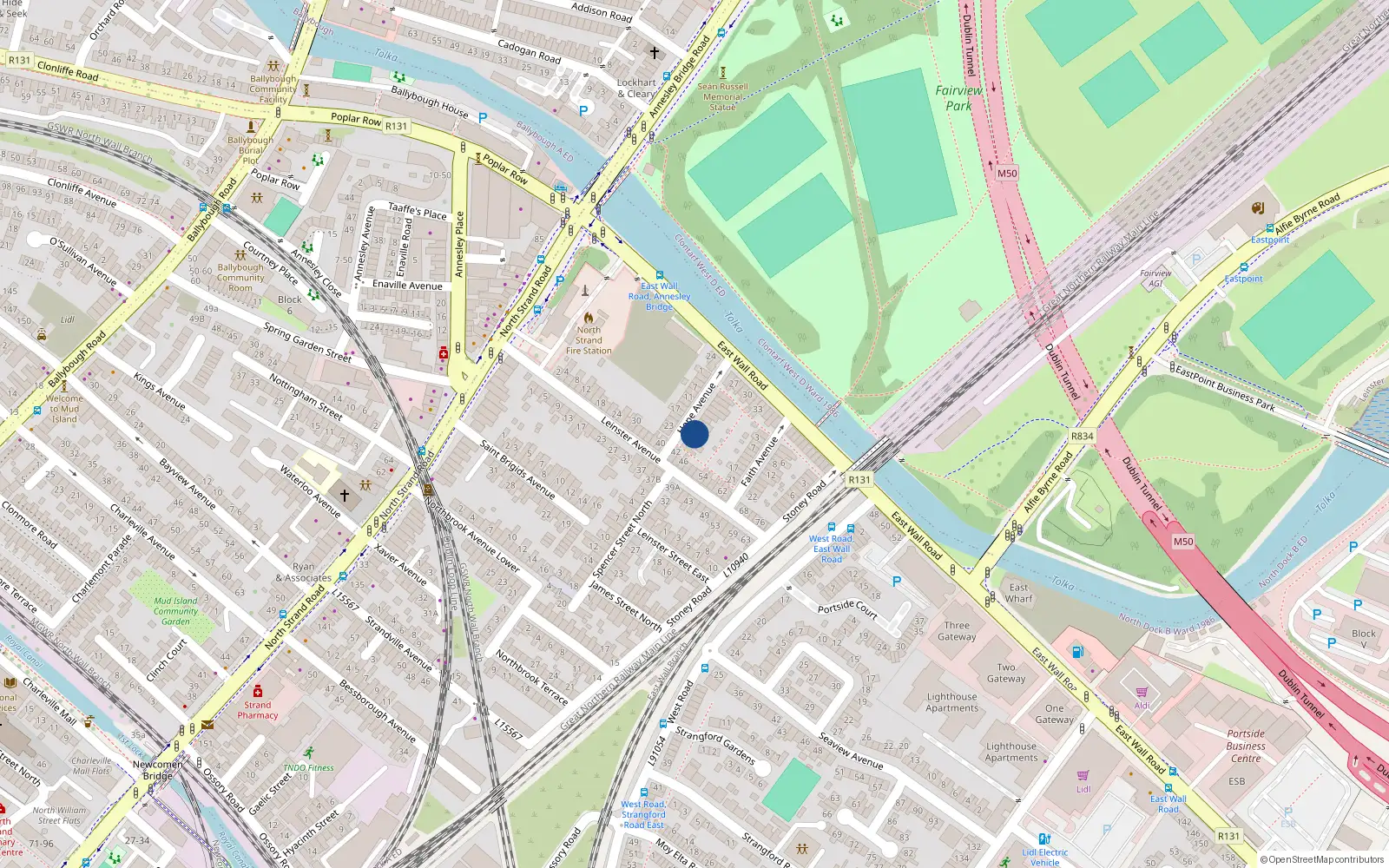 Overhead map showing the location of 18 Hope Avenue, East Wall Road, Dublin 3