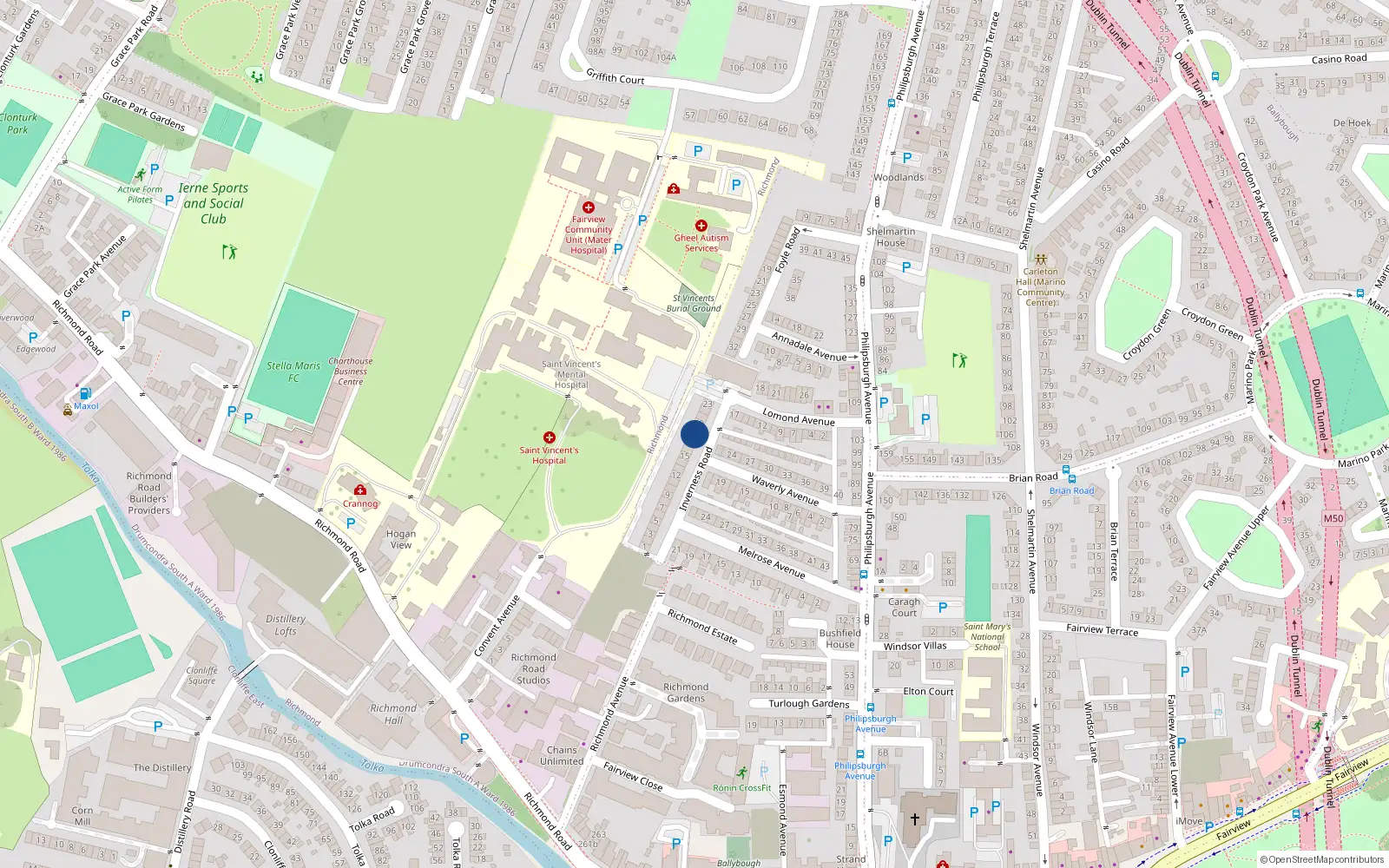 Overhead map showing the location of 18 Inverness Road, Fairview, Dublin 3