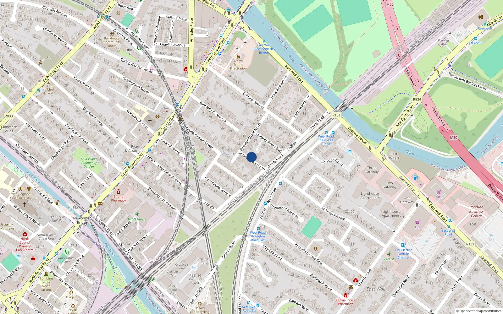 Overhead map showing the location of 18 Jamess St North, North Strand, Dublin 3