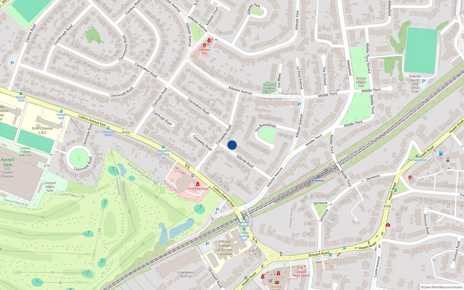 Overhead map showing the location of 18 Kilbride Road, Dublin 5