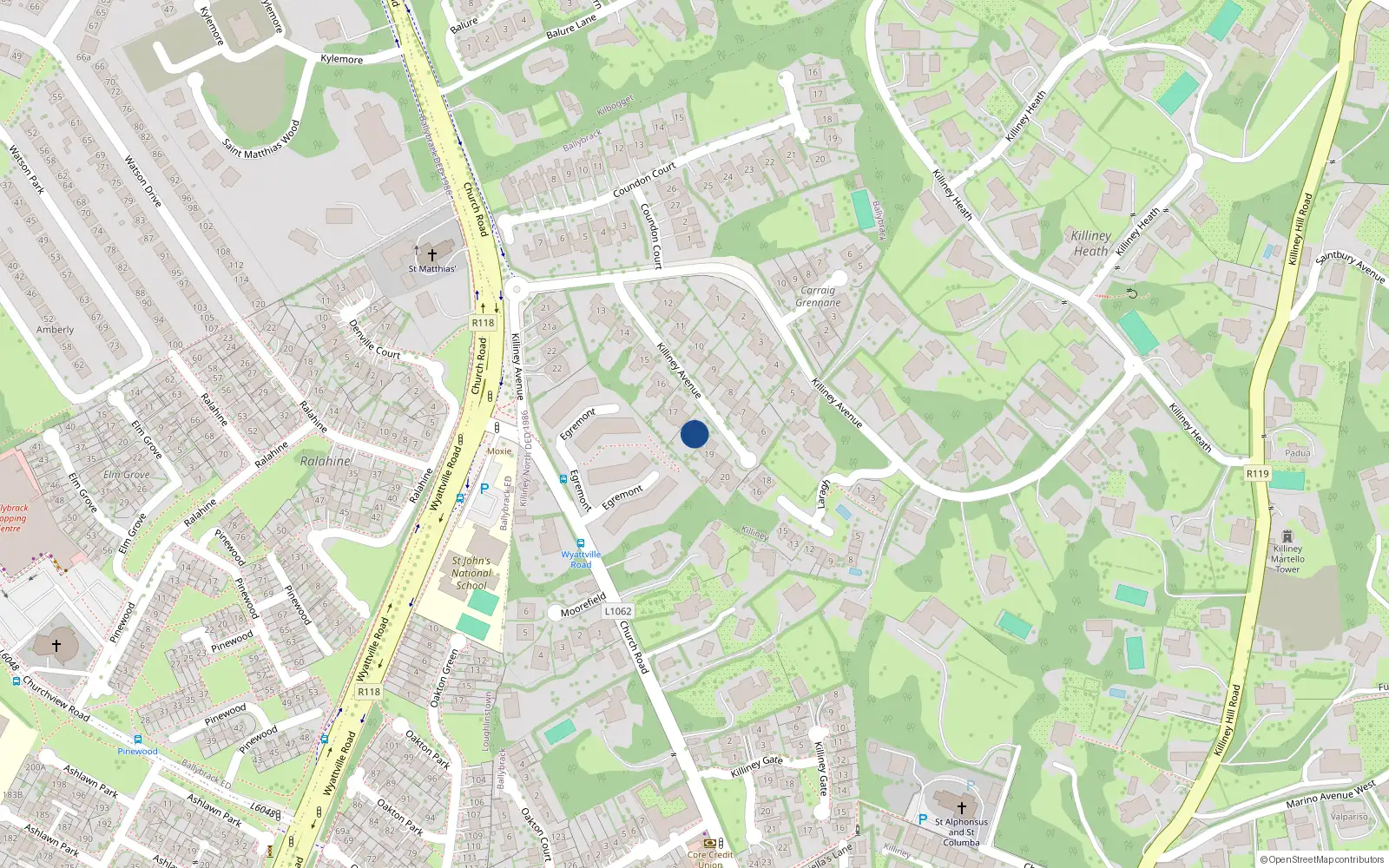 Overhead map showing the location of 18 Killiney Avenue, Killiney