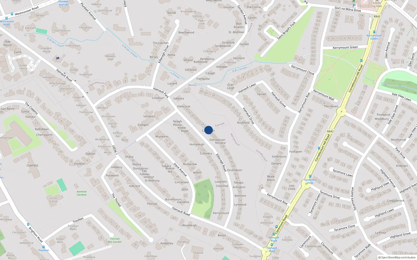 Overhead map showing the location of 18 Kilteragh Road, Dublin 18