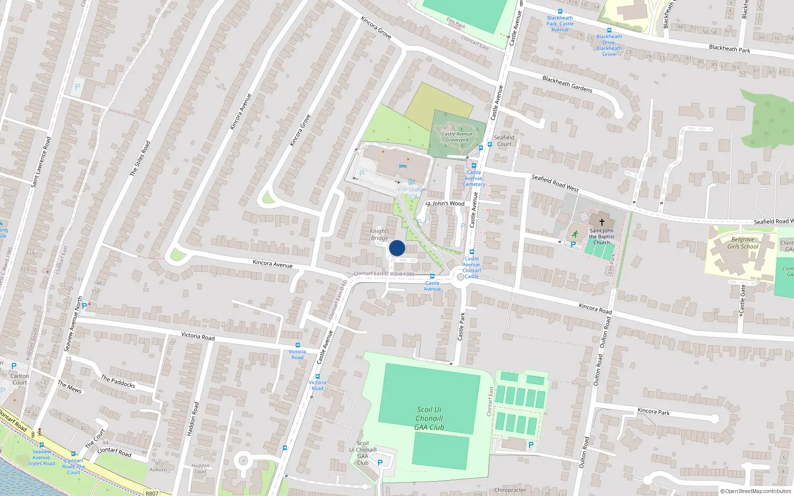 Overhead map showing the location of 18 Knights Bridge, Castle Ave., Clontarf