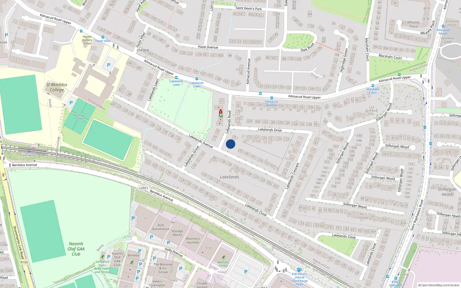 Overhead map showing the location of 18 Lakelands Road, Stillorgan, Dublin