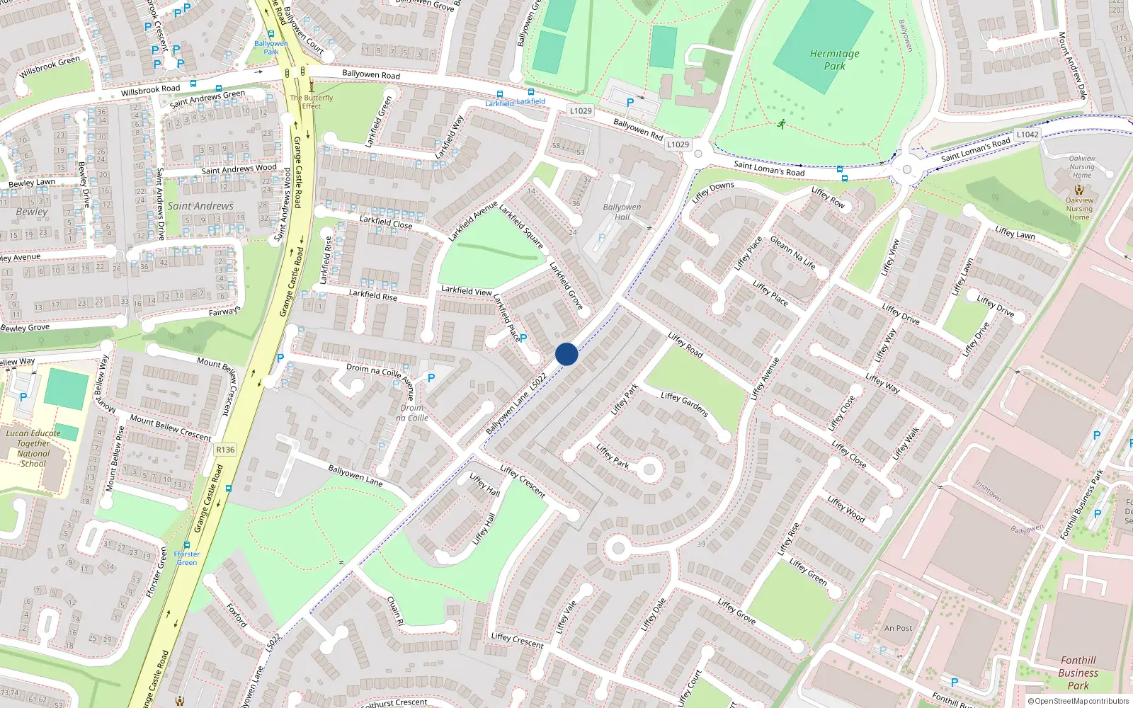 Overhead map showing the location of 18 Lana na Pairce, Ballyowen Lane, Lucan