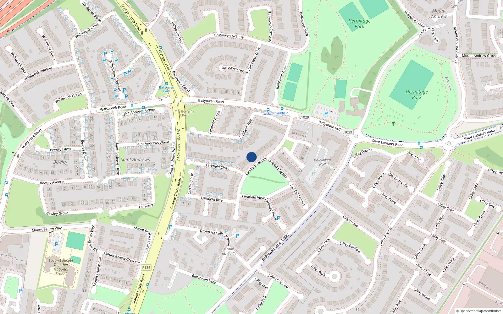 Overhead map showing the location of 18 Larkfield Avenue, Lucan, Dublin