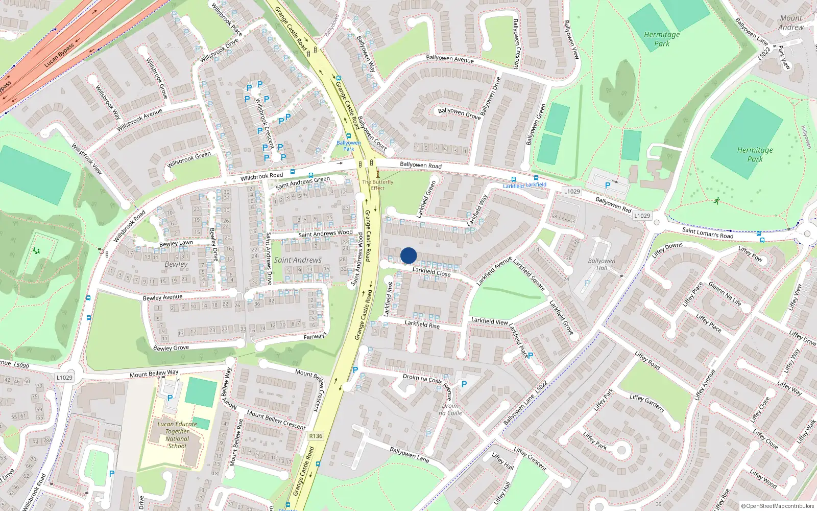 Overhead map showing the location of 18 Larkfield Close, Lucan