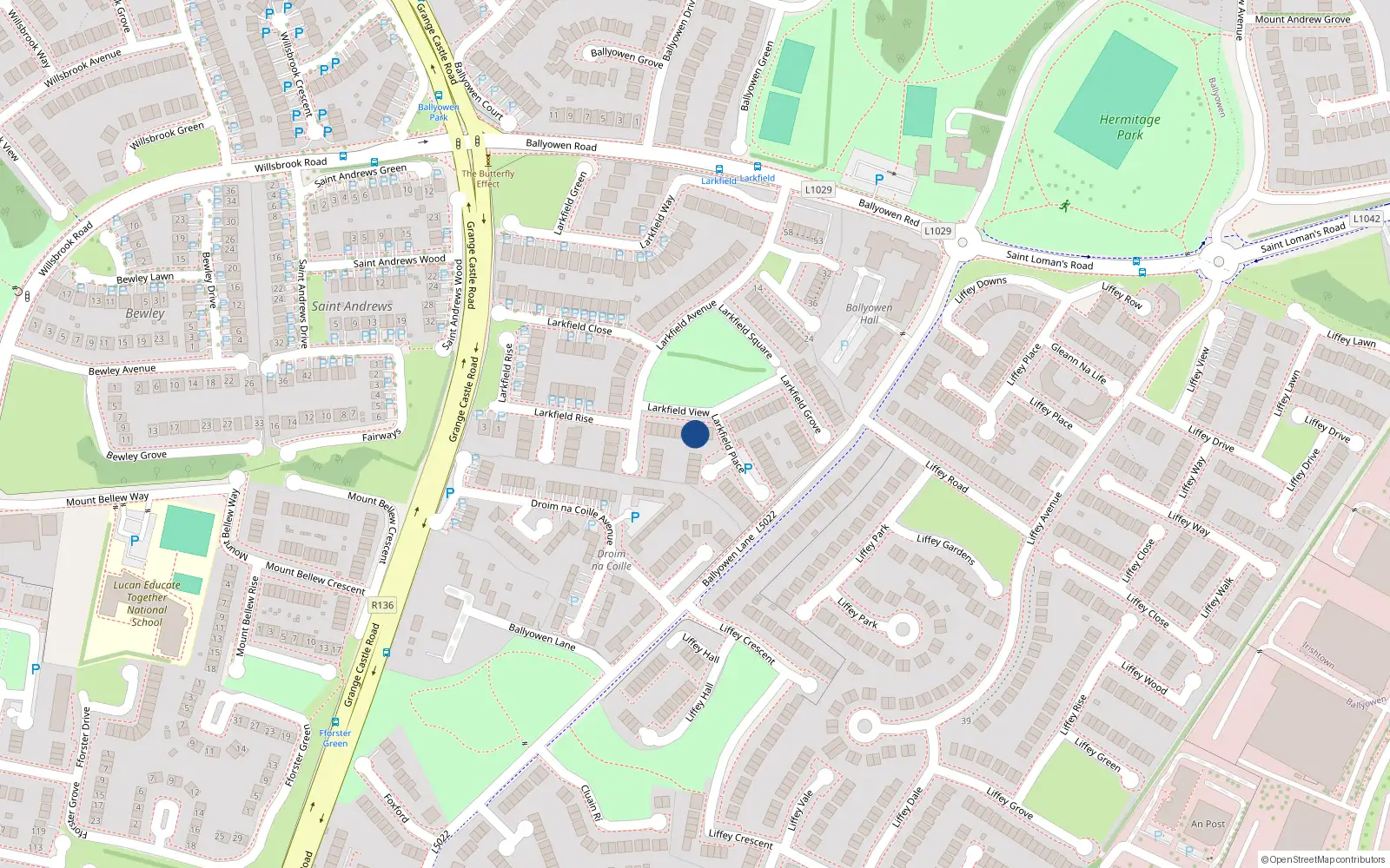 Overhead map showing the location of 18 Larkfield View, Lucan, Dublin