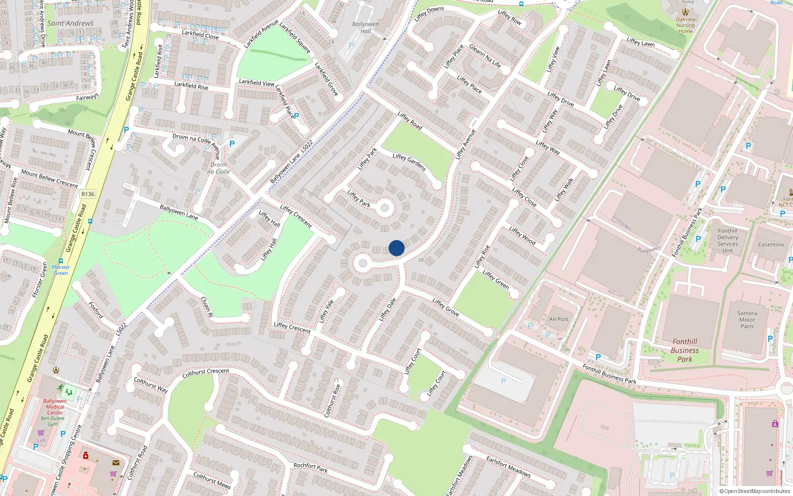 Overhead map showing the location of 18 Liffey Avenue, Liffey Valley Park, Lucan