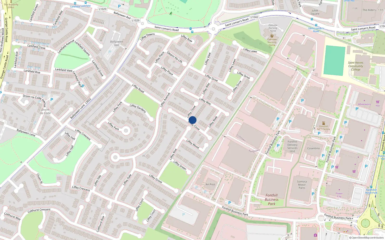 Overhead map showing the location of 18 Liffey Close, Liffey Valley Park, Lucan