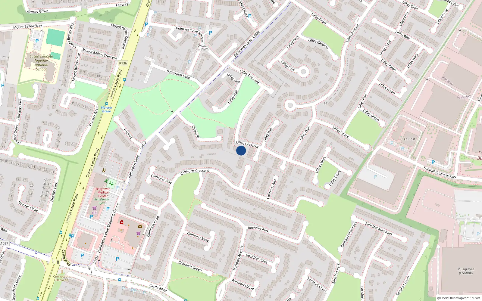 Overhead map showing the location of 18 Liffey Crescent, Liffey Valley Park, Lucan