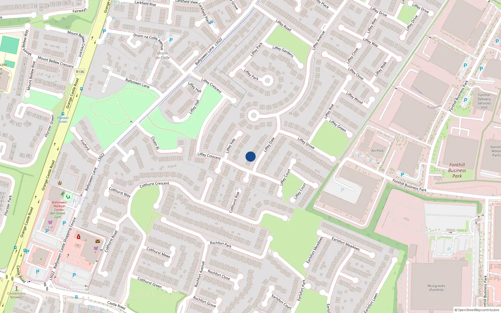 Overhead map showing the location of 18 Liffey Dale, Lucan