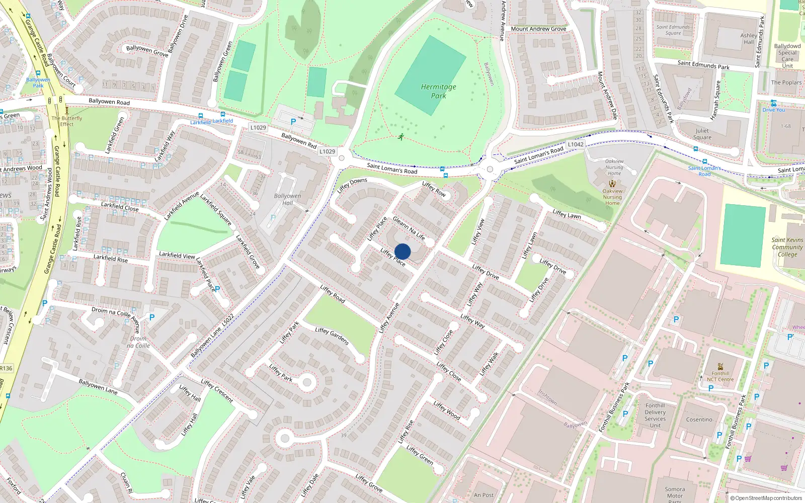 Overhead map showing the location of 18 Liffey Glen, Liffey Valley Park, Lucan
