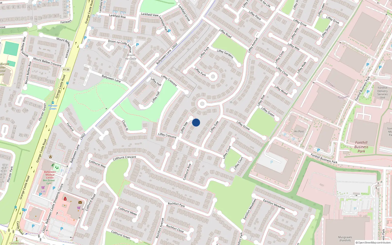 Overhead map showing the location of 18 Liffey Vale, Liffey Valley Park, Lucan