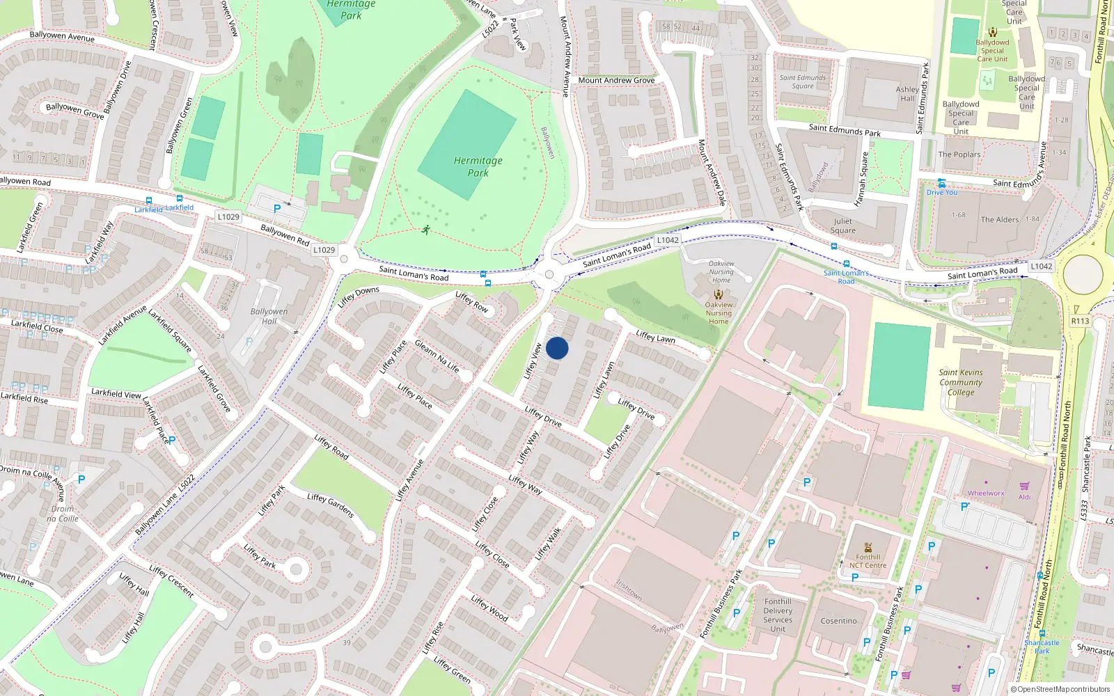 Overhead map showing the location of 18 Liffey View, Liffey Valley Park, Lucan