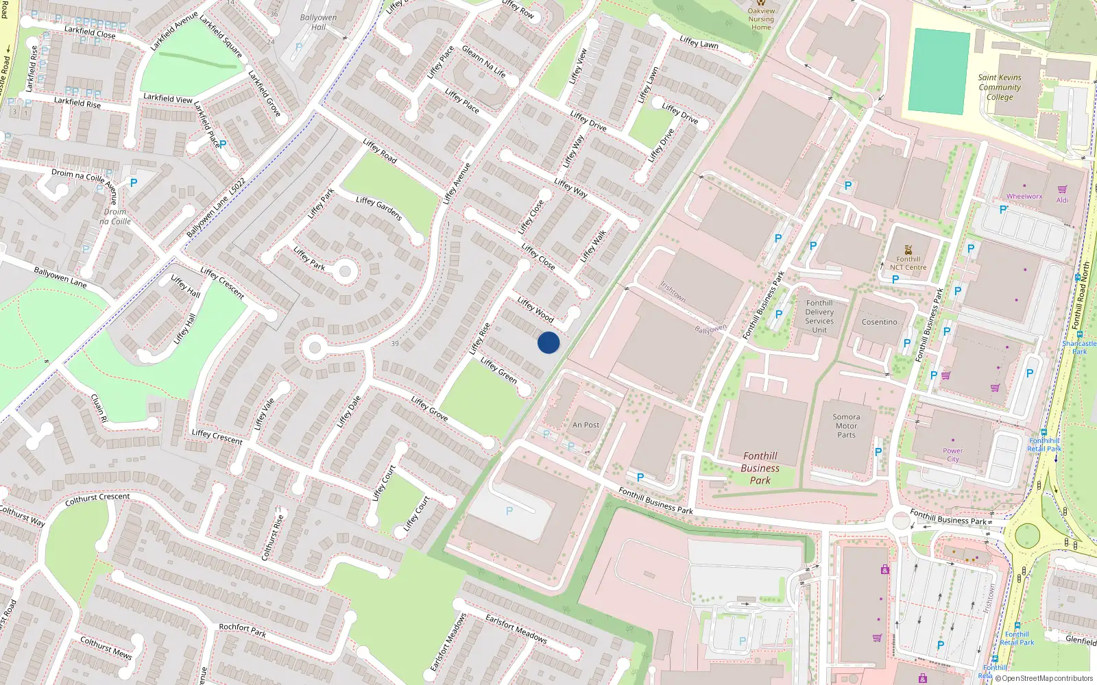 Overhead map showing the location of 18 Liffey Wood, Lucan
