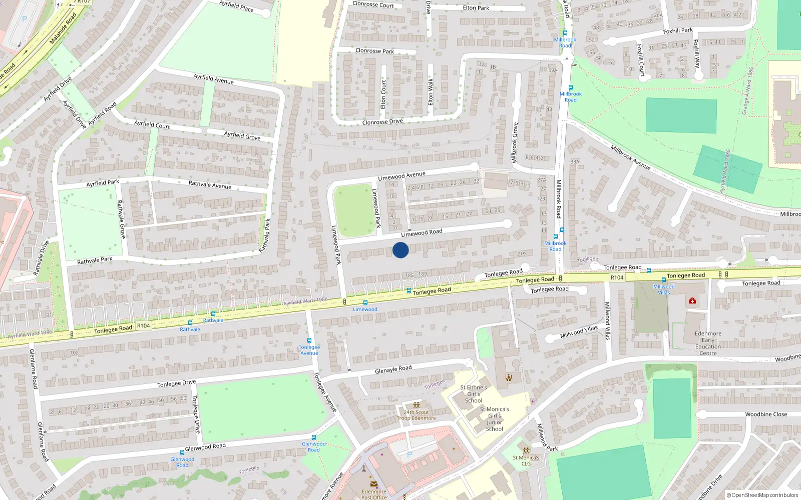 Overhead map showing the location of 18 Limewood Road, Raheny, Dublin 5