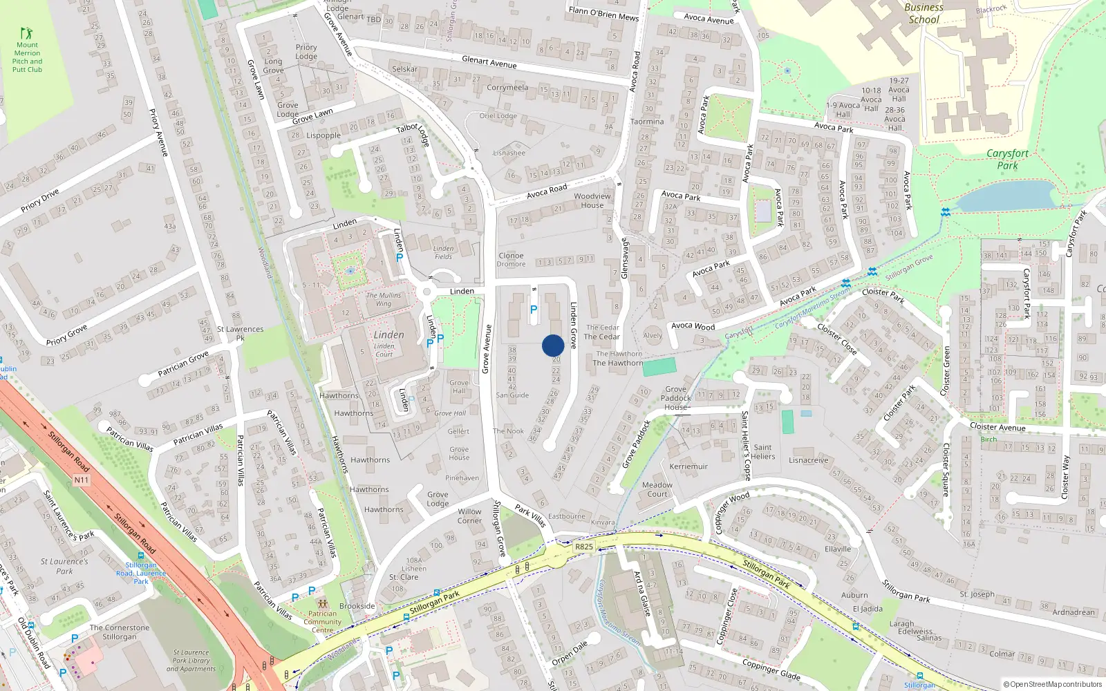 Overhead map showing the location of 18 Linden Grove, Dublin