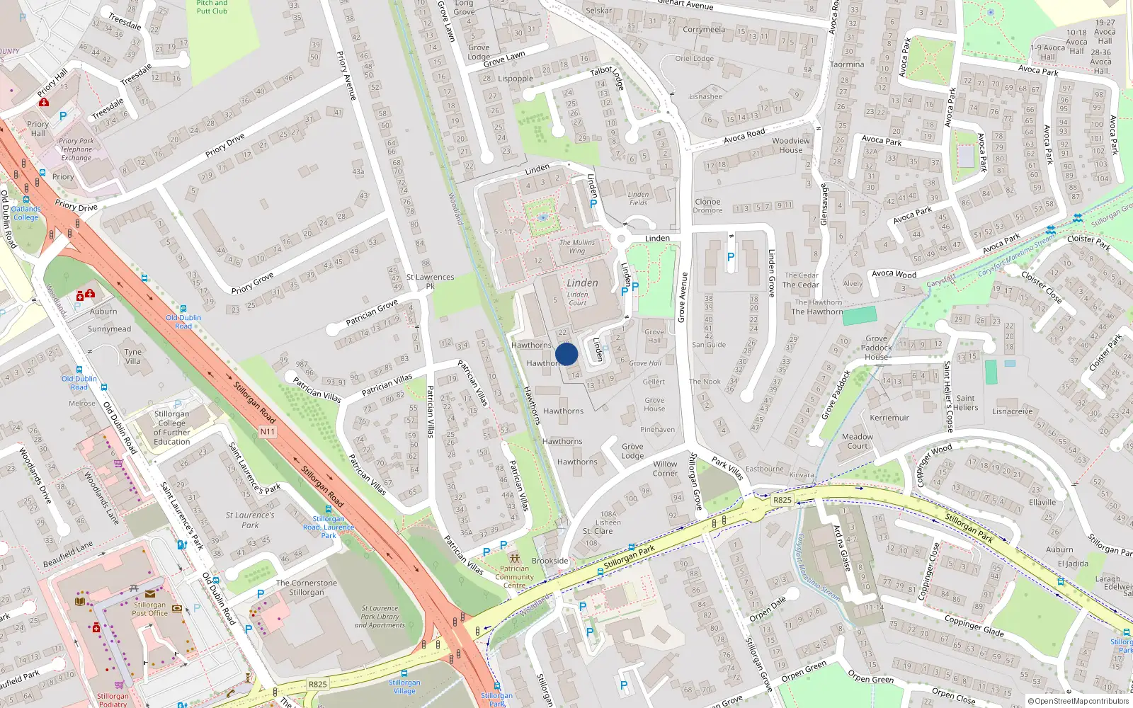 Overhead map showing the location of 18 Linden Place, Grove Avenue, Blackrock
