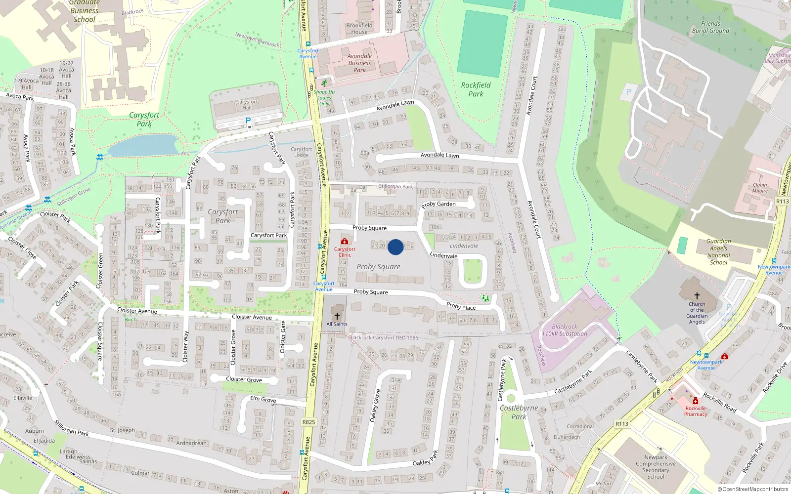 Overhead map showing the location of 18 Lindenvale, Proby Square, Blackrock