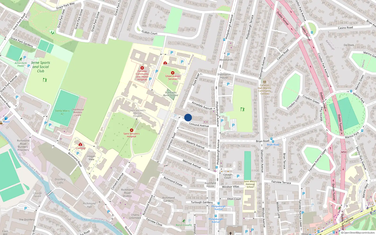Overhead map showing the location of 18 Lomond Avenue, Dublin