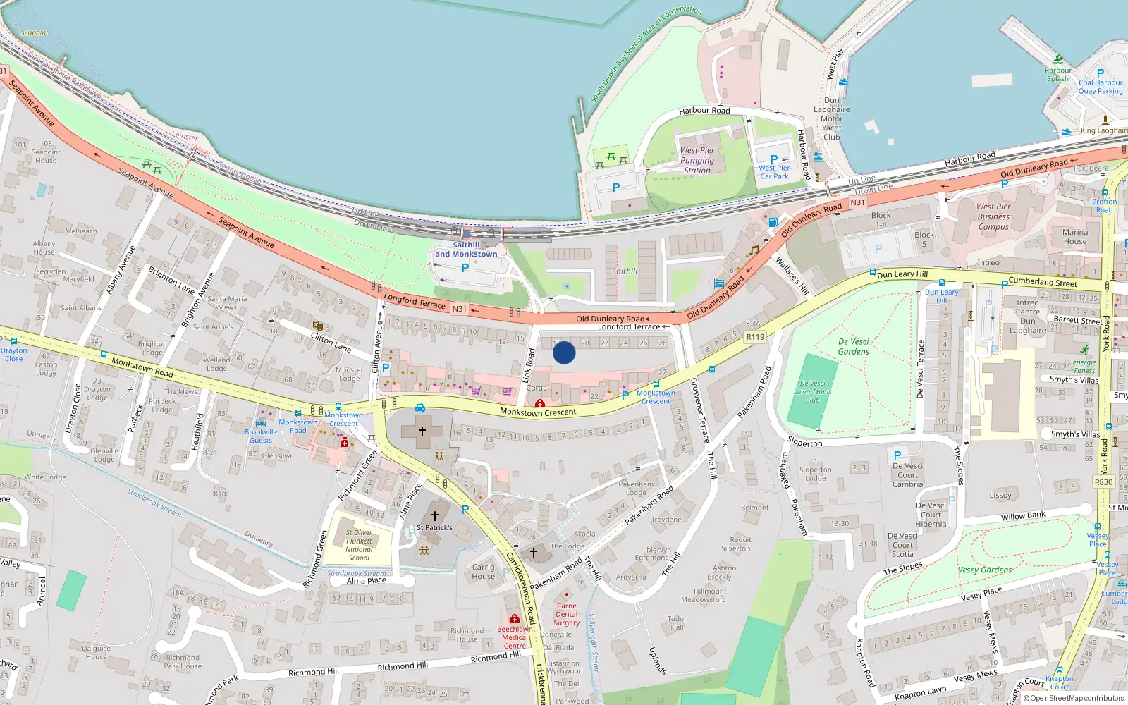Overhead map showing the location of 18 Longford Terrace, Dublin