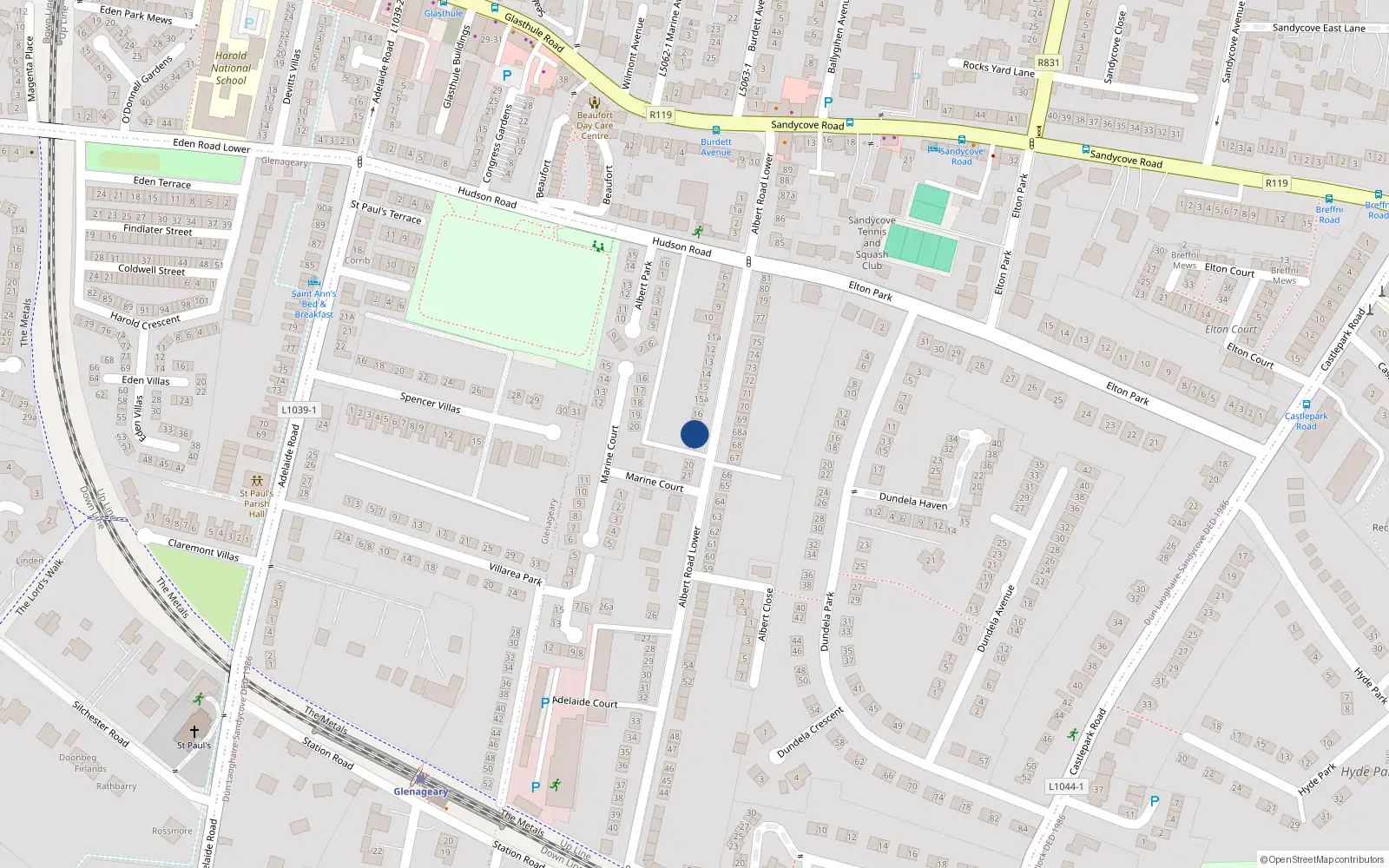 Overhead map showing the location of 18 Albert Road Lower, Dublin
