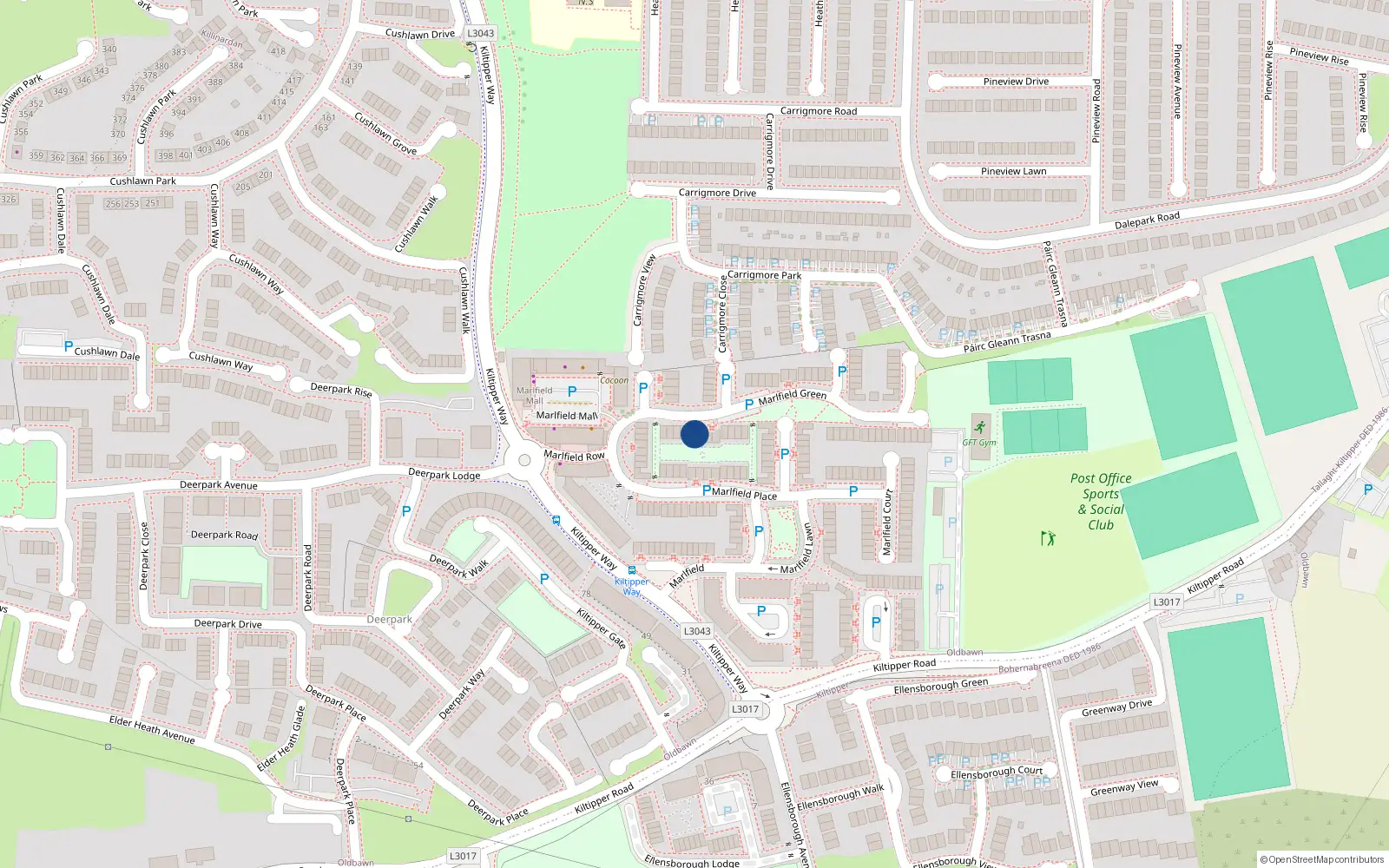 Overhead map showing the location of 18 Marlfield Green, Tallaght