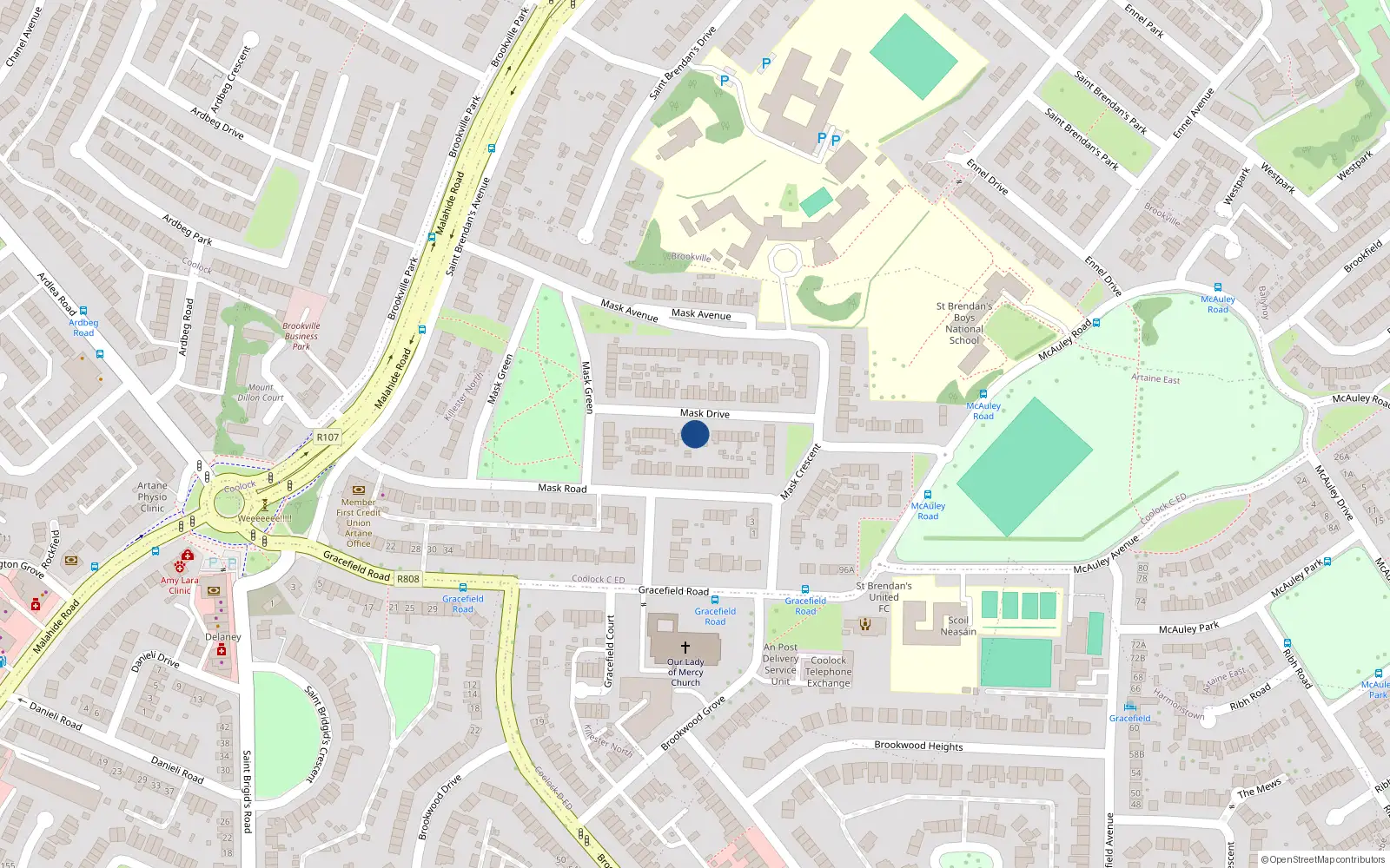 Overhead map showing the location of 18 Mask Drive, Artane, Dublin 5
