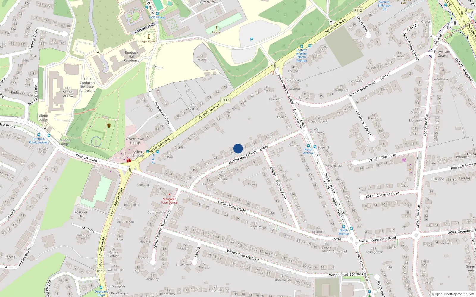 Overhead map showing the location of 18 Mather Road North, Blackrock