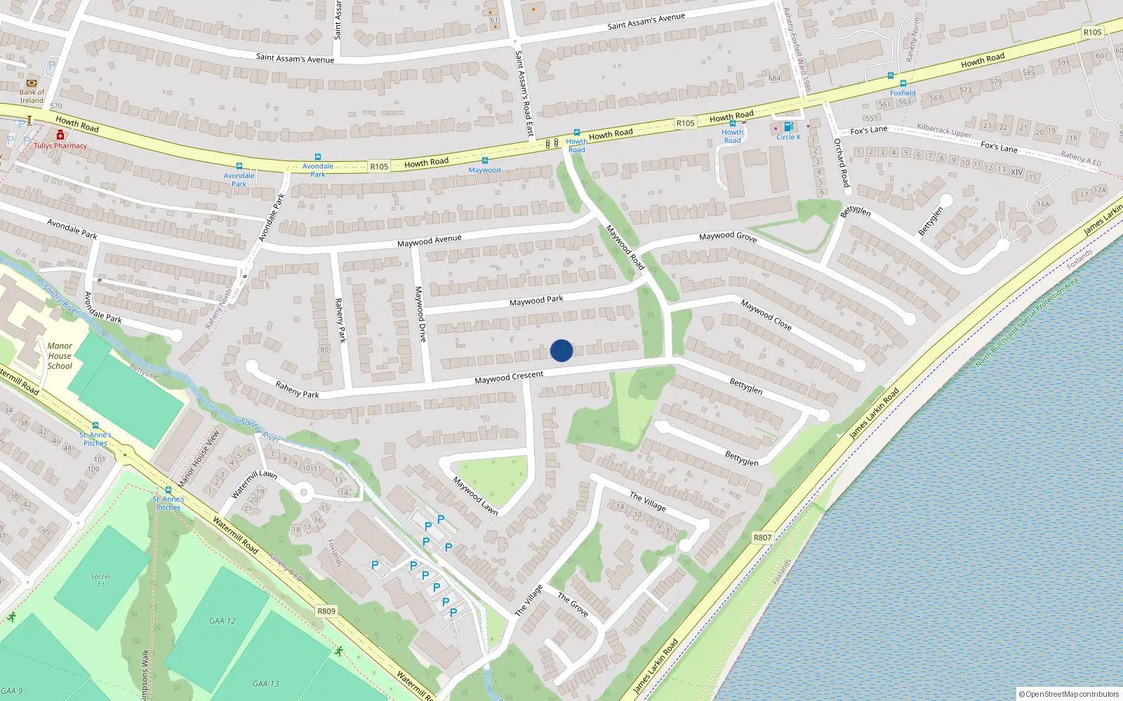Overhead map showing the location of 18 Maywood Crescent, Dublin 5