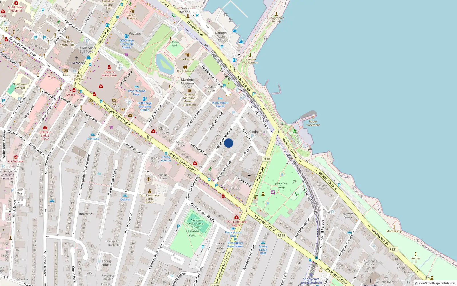 Overhead map showing the location of 18 Mellifont Avenue, Dun Laoghaire, Co Dublin