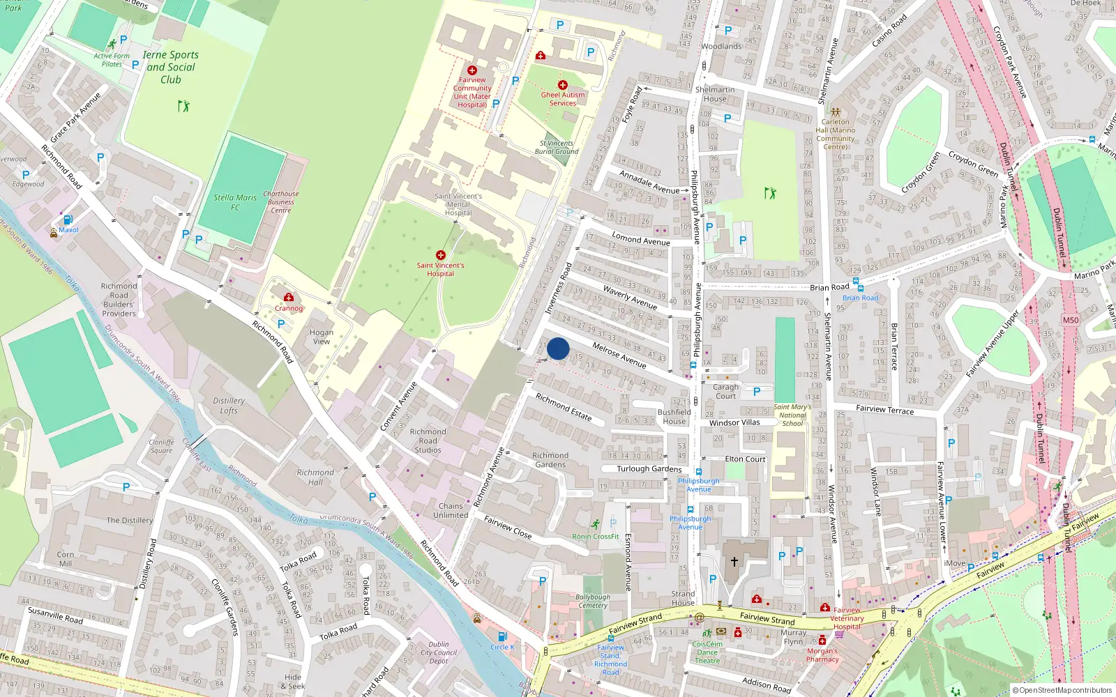 Overhead map showing the location of 18 Melrose Avenue, Fairview, Dublin 3