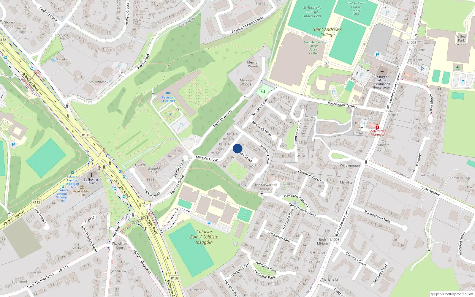Overhead map showing the location of 18 Merrion Grove, Blackrock, Dublin