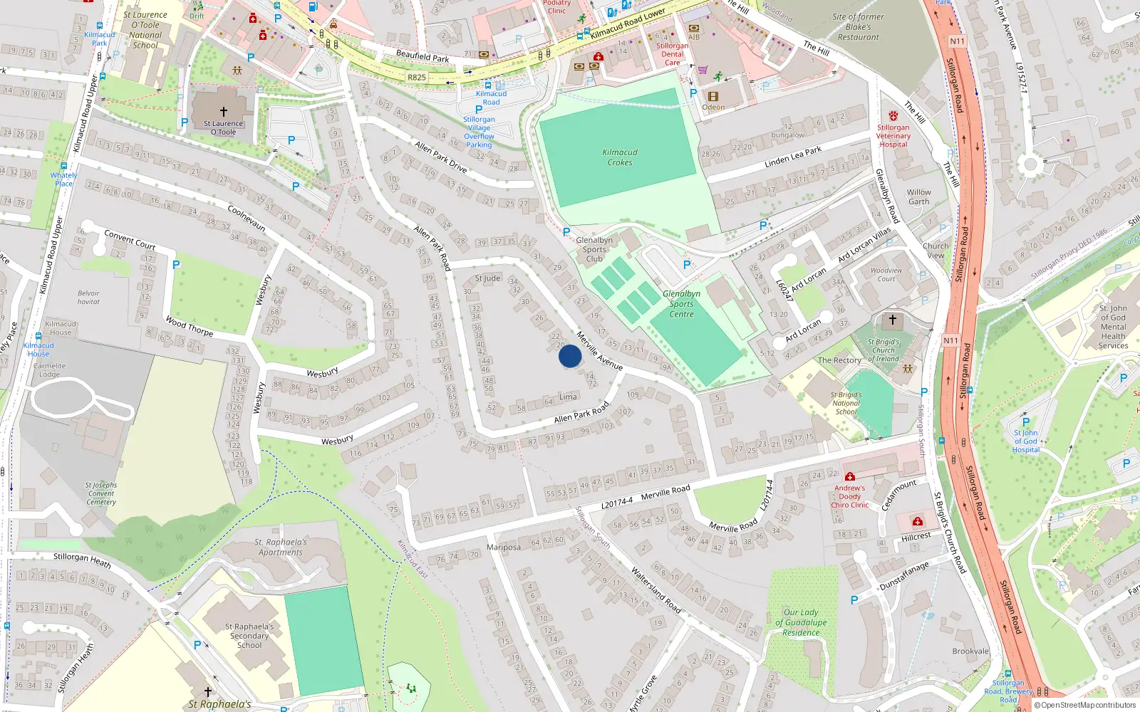 Overhead map showing the location of 18 Merville Avenue, Stillorgan, Dublin