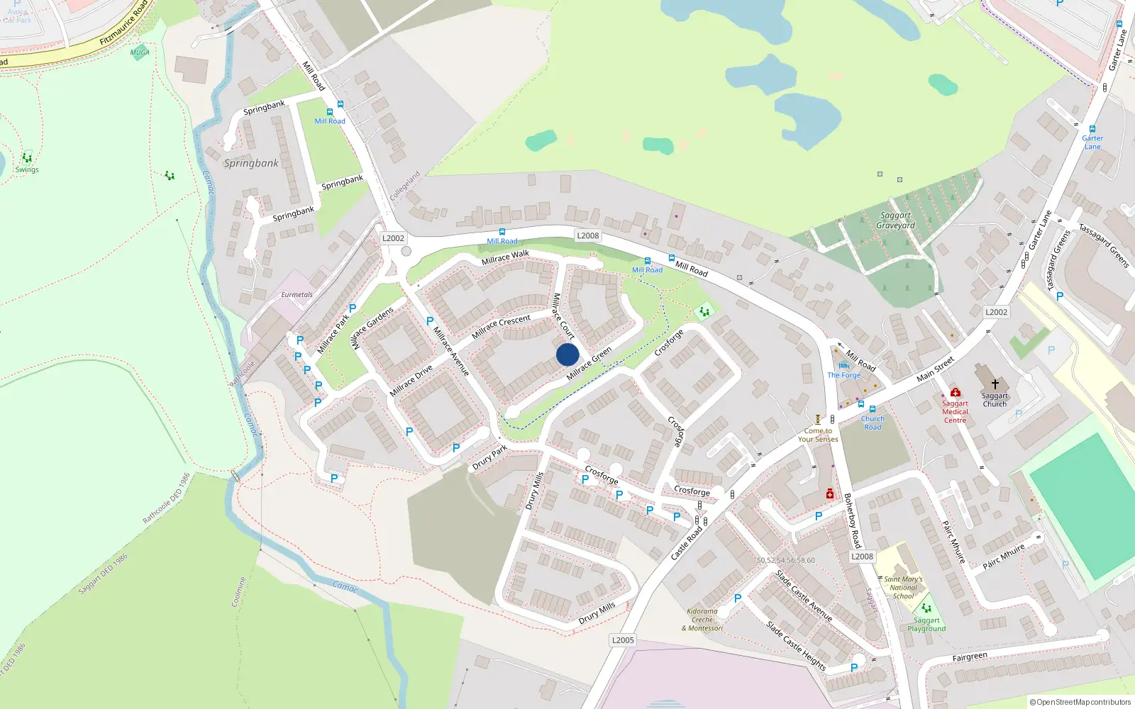 Overhead map showing the location of 18 Millrace Court, Saggart