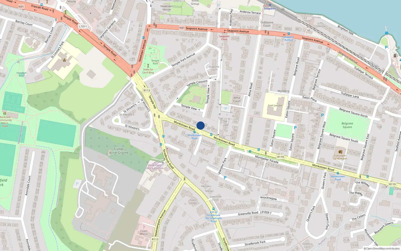 Overhead map showing the location of 18 Monkstown Road, Blackrock, Dublin
