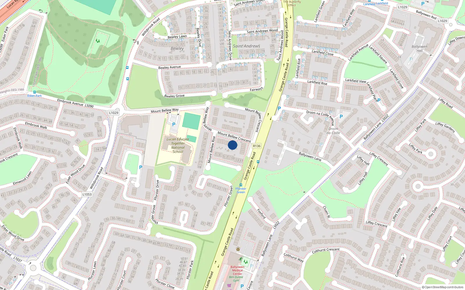 Overhead map showing the location of 18 Mount Bellew Crescent, Lucan, Dublin