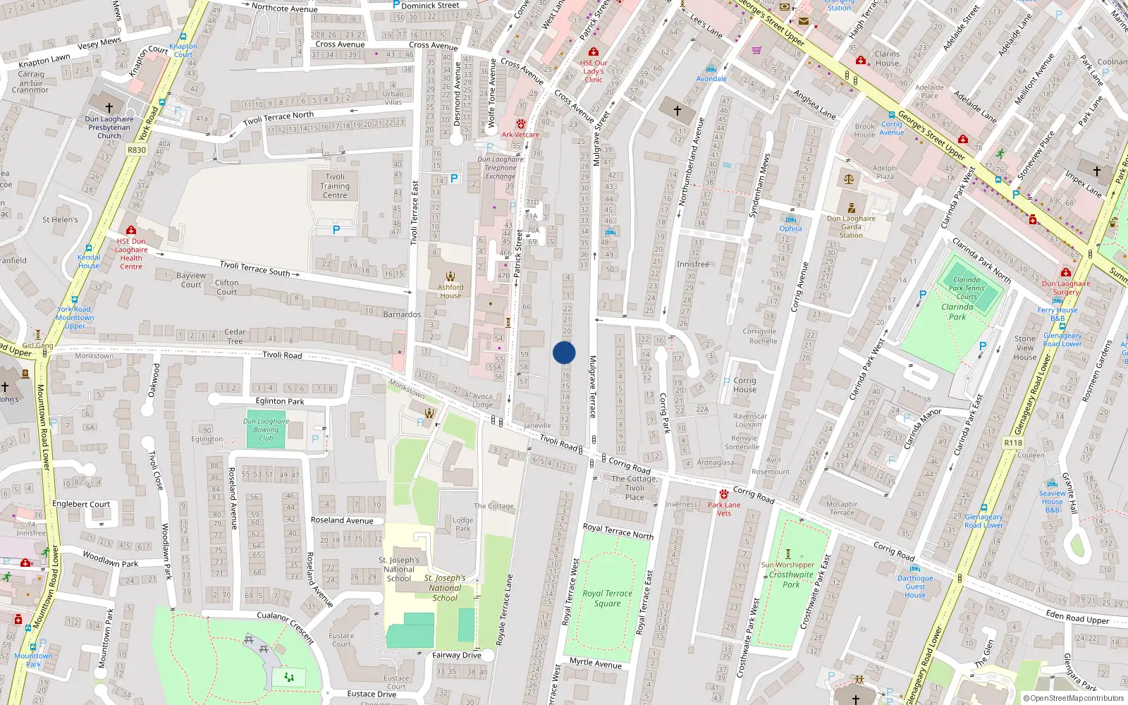 Overhead map showing the location of 18 Mulgrave Terrace, County Dublin