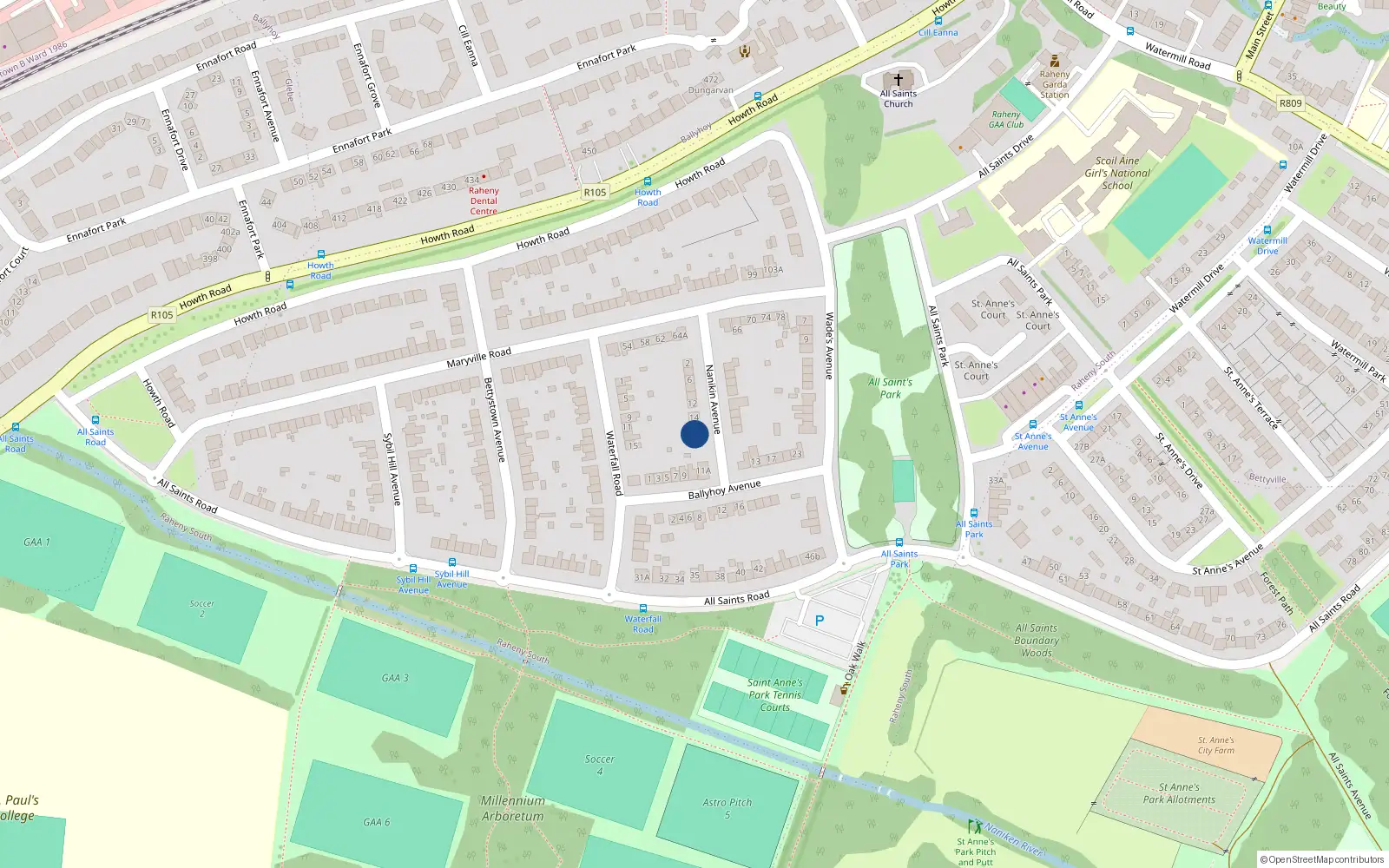 Overhead map showing the location of 18 Nanikin Avenue, Raheny, Dublin 5